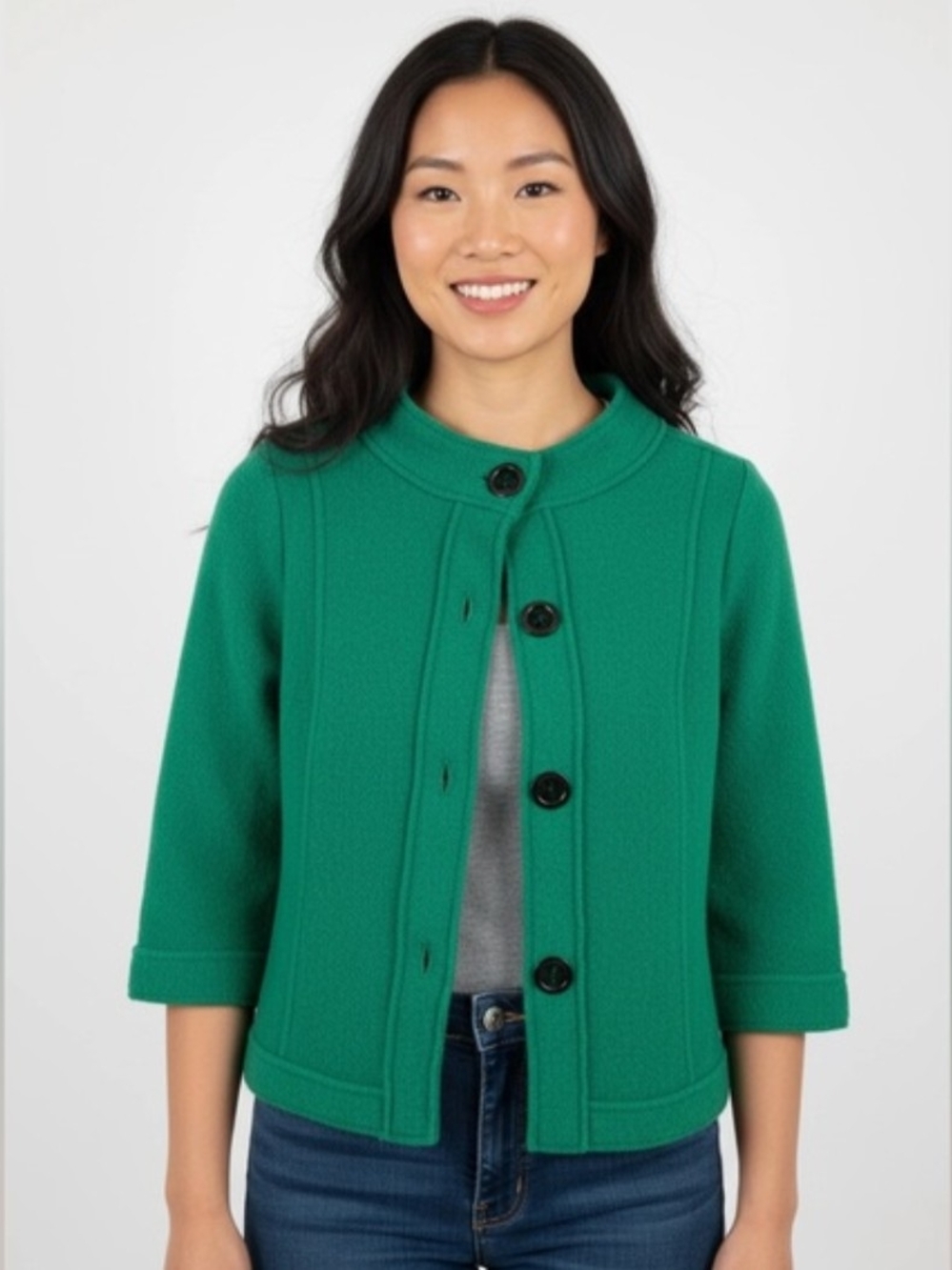 Chico's Emerald Green Button-Front Cropped Sweater Jacket